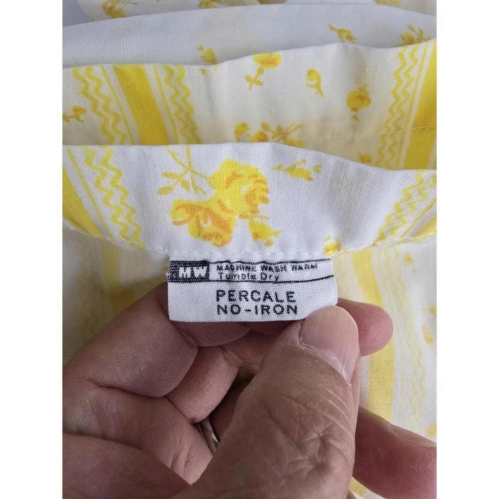 Vintage JCPenney Flat Sheet Twin Yellow Floral Stripe Lace Trim Percale Cottage